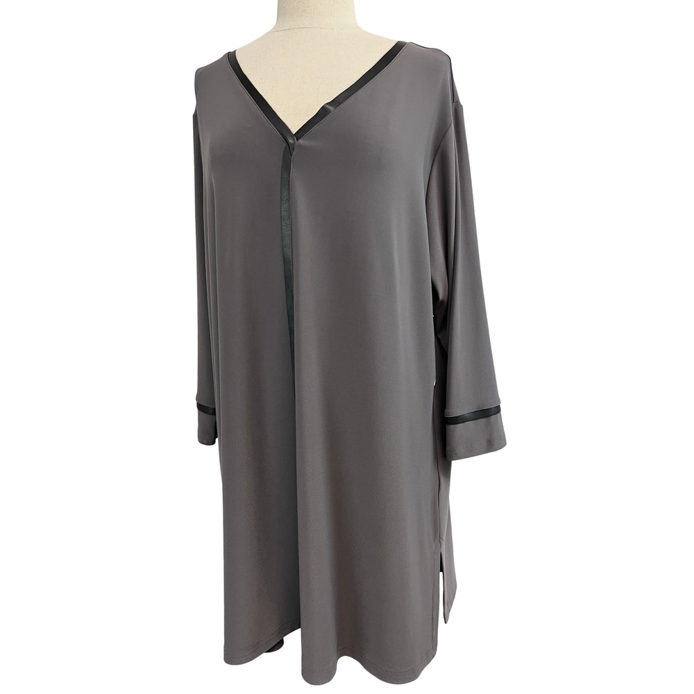 Sympli Frame Top Women 1G Mushroom New 3/4 Sleeve V-Neck Faux Leather Trim Tunic